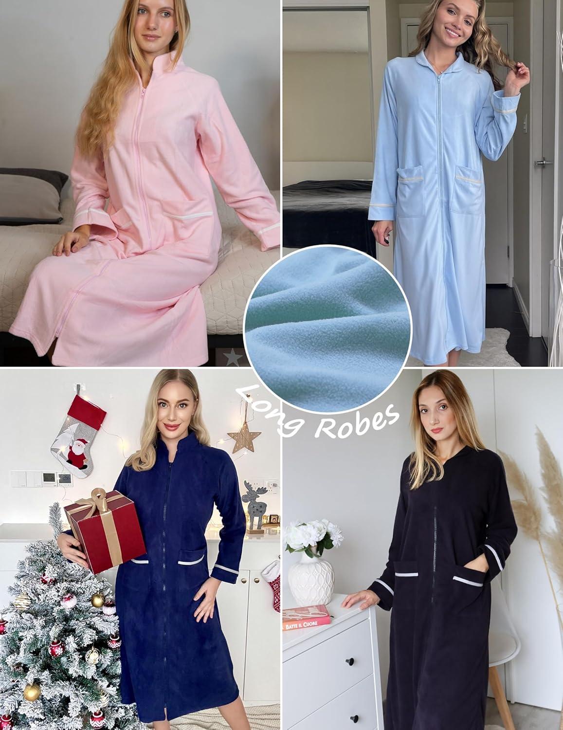 imageEkouaer Womens Zipper Robes Long Sleeve Loungewear Knee Length Housecoat Fleece Bathrobe with Pockets SXXLGrey Blue