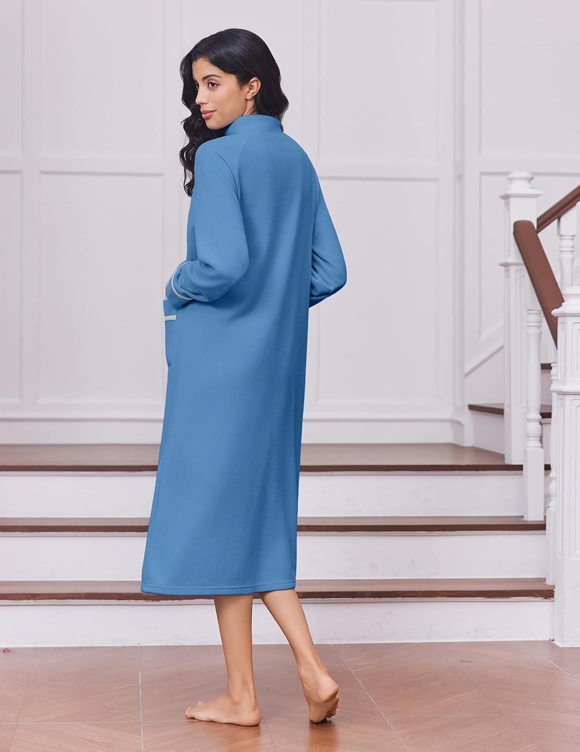 imageEkouaer Womens Zipper Robes Long Sleeve Loungewear Knee Length Housecoat Fleece Bathrobe with Pockets SXXLGrey Blue