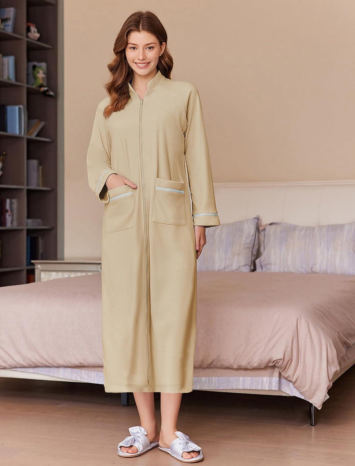 imageEkouaer Womens Zipper Robes Long Sleeve Loungewear Knee Length Housecoat Fleece Bathrobe with Pockets SXXLKhaki