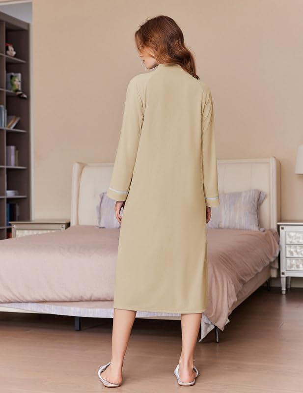 imageEkouaer Womens Zipper Robes Long Sleeve Loungewear Knee Length Housecoat Fleece Bathrobe with Pockets SXXLKhaki