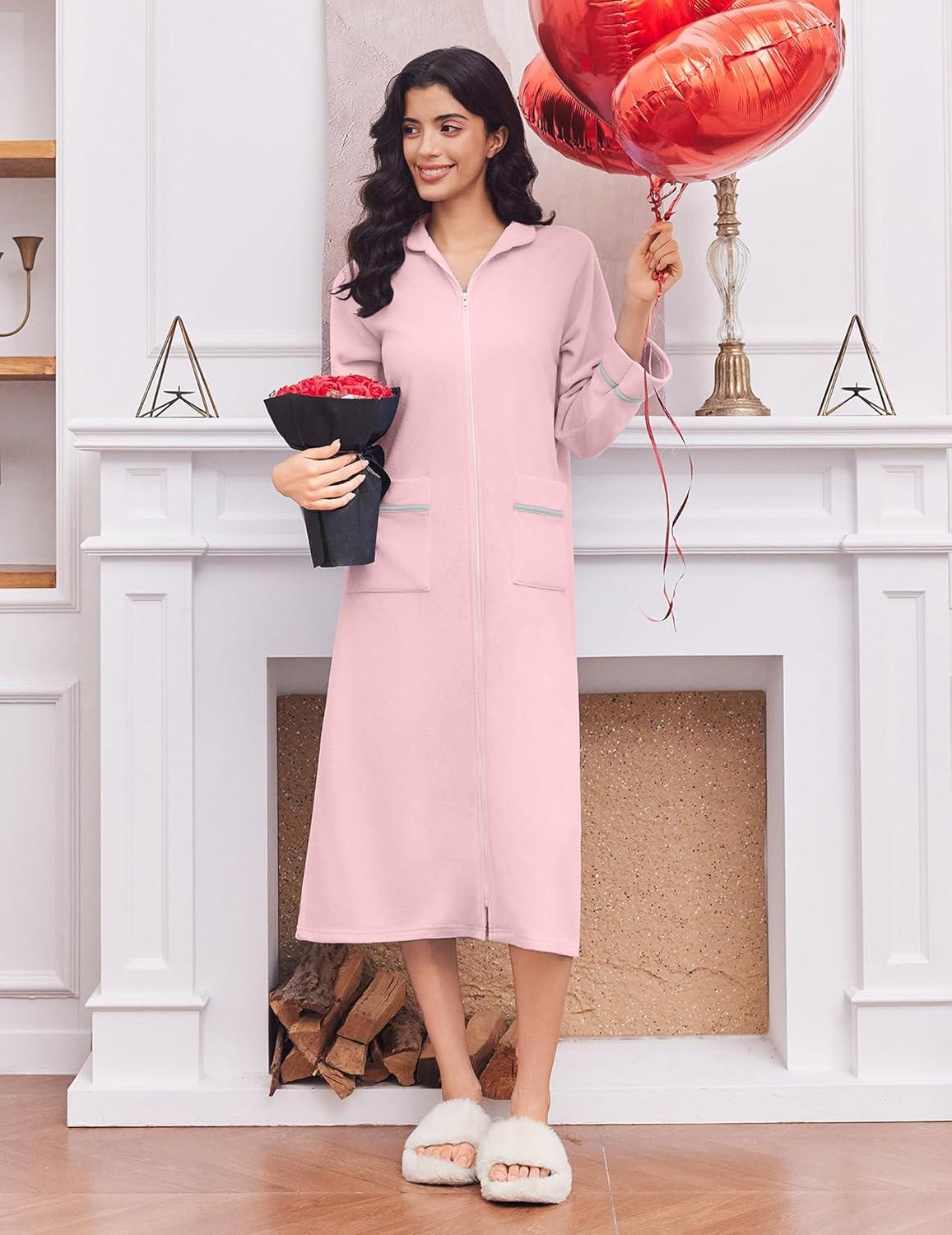 imageEkouaer Womens Zipper Robes Long Sleeve Loungewear Knee Length Housecoat Fleece Bathrobe with Pockets SXXLLight Pink