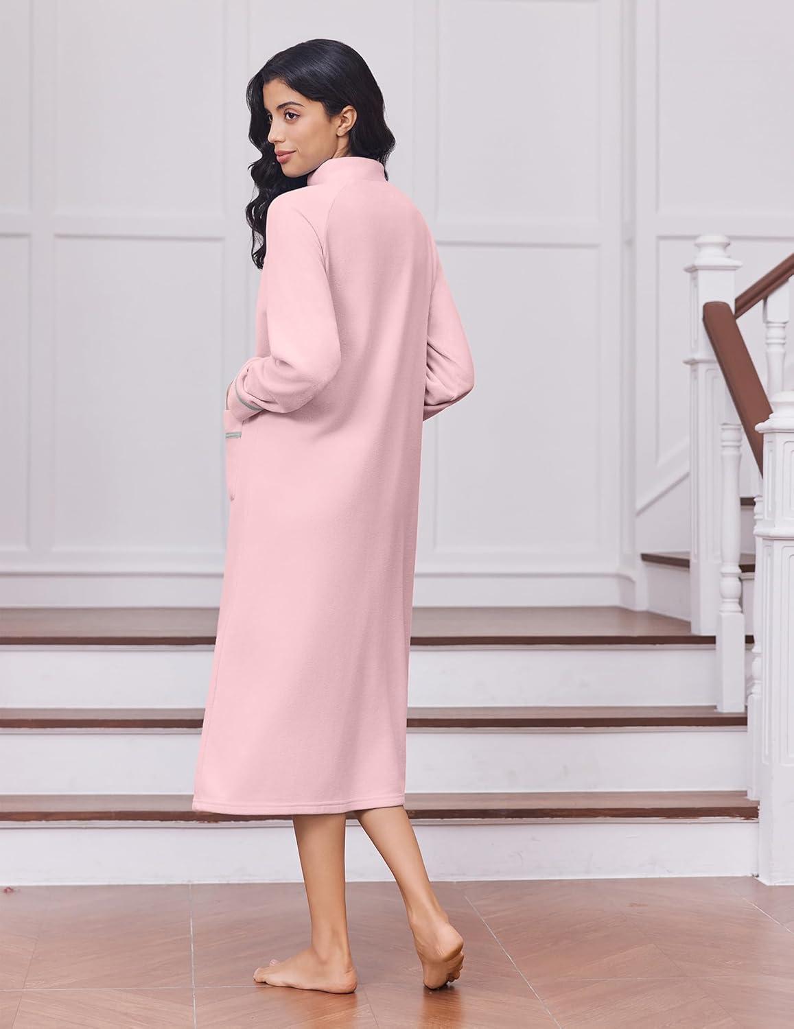 imageEkouaer Womens Zipper Robes Long Sleeve Loungewear Knee Length Housecoat Fleece Bathrobe with Pockets SXXLLight Pink