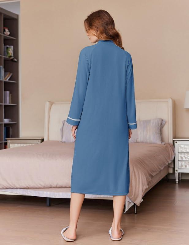 imageEkouaer Womens Zipper Robes Long Sleeve Loungewear Knee Length Housecoat Fleece Bathrobe with Pockets SXXLNavy Blue