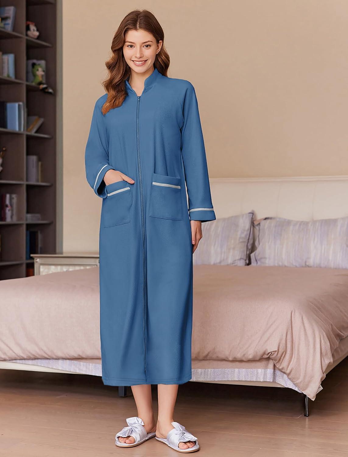 imageEkouaer Womens Zipper Robes Long Sleeve Loungewear Knee Length Housecoat Fleece Bathrobe with Pockets SXXLNavy Blue