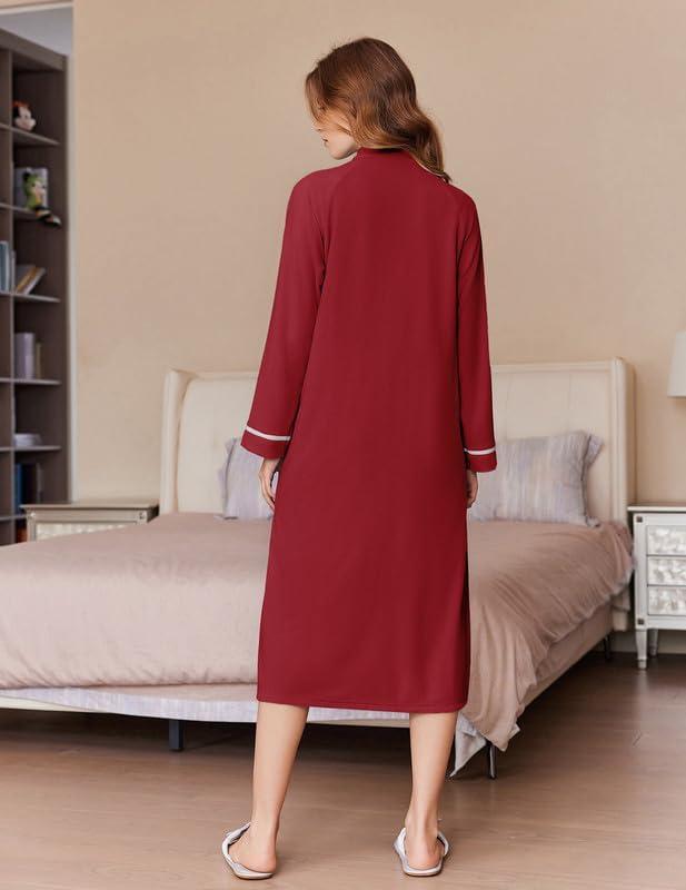 imageEkouaer Womens Zipper Robes Long Sleeve Loungewear Knee Length Housecoat Fleece Bathrobe with Pockets SXXLWine Red
