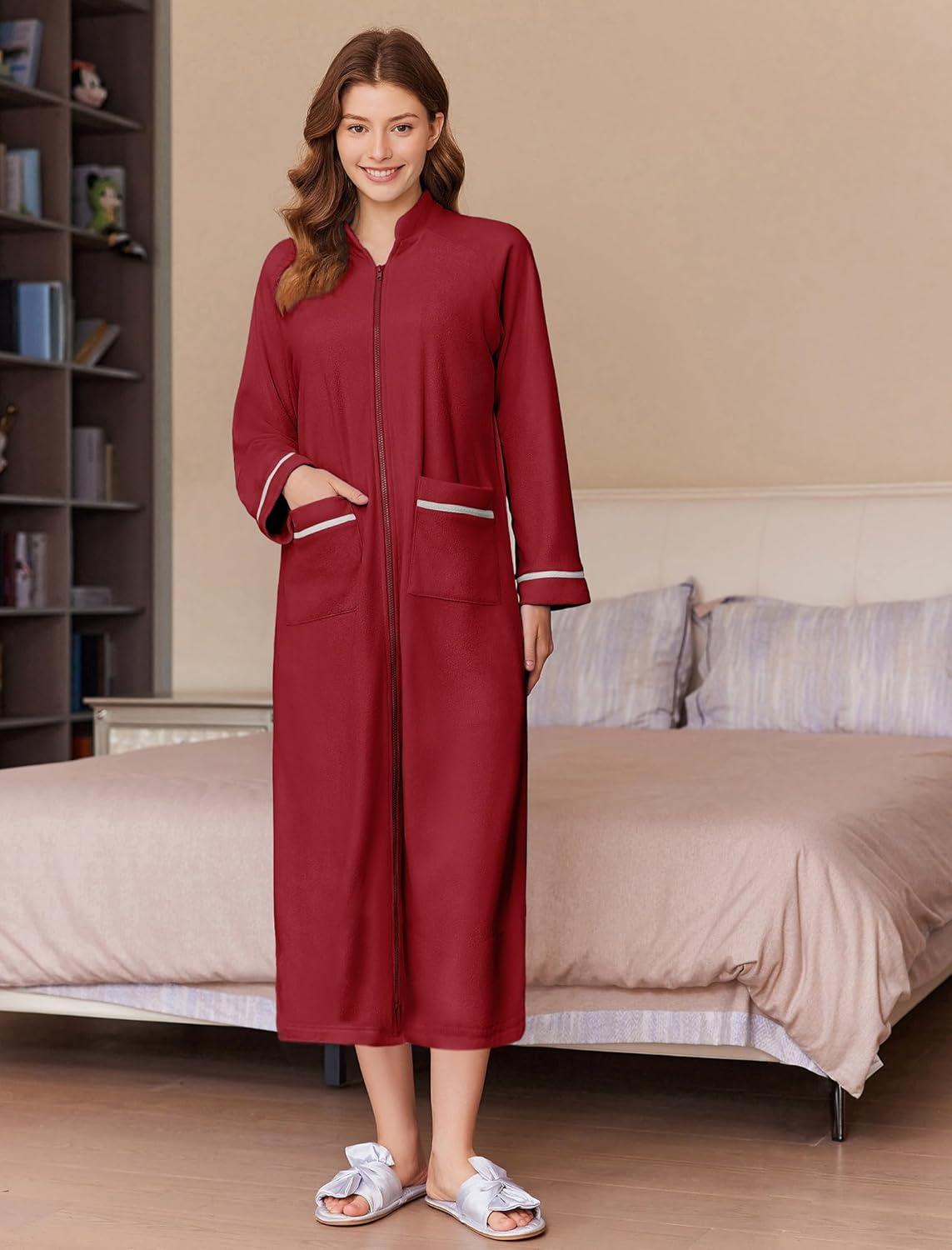 imageEkouaer Womens Zipper Robes Long Sleeve Loungewear Knee Length Housecoat Fleece Bathrobe with Pockets SXXLWine Red