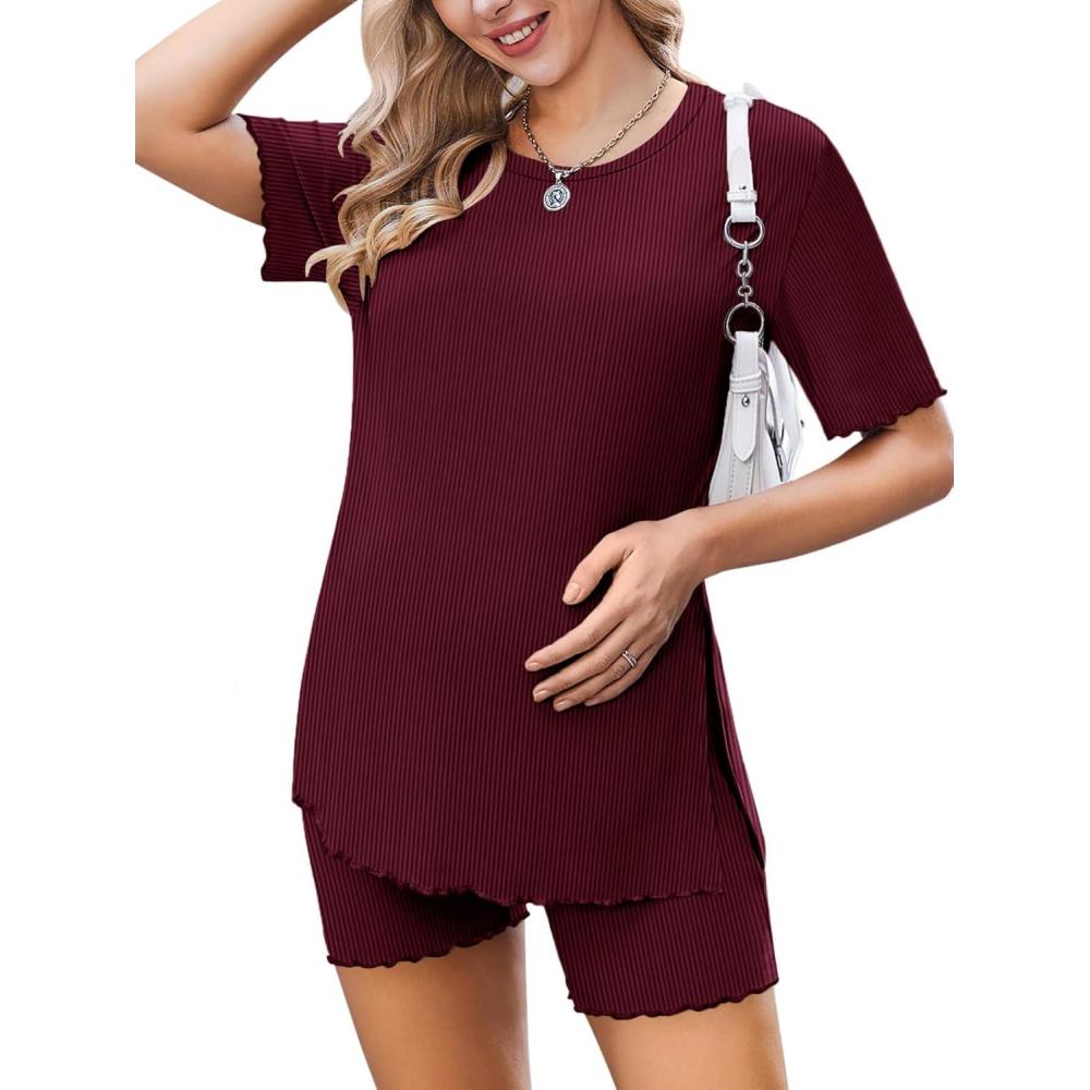 imageEkoauer Women 2 Piece Maternity Pajamas Set Lightweight Pregnancy Outfit Ribbed Knit Postpartum Loungewear Set with PocketDark Red