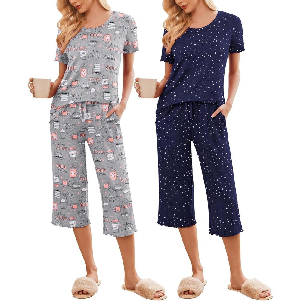 imageEkouaer 2 Pack Womens Pajamas Set Short Sleeve Sleepwear Capri Pants Pjs Soft Loungewear with PocketsNavy Star Coffee