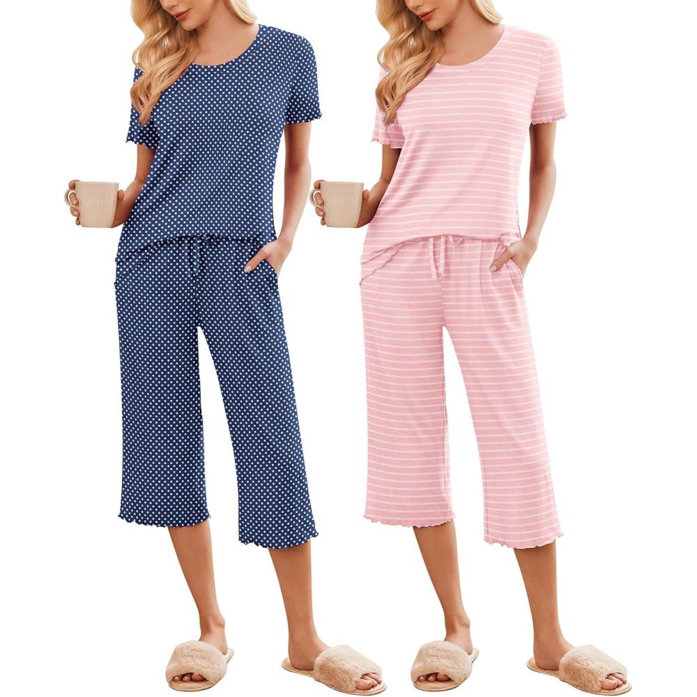 imageEkouaer 2 Pack Womens Pajamas Set Short Sleeve Sleepwear Capri Pants Pjs Soft Loungewear with PocketsPink StripeNavy Dots
