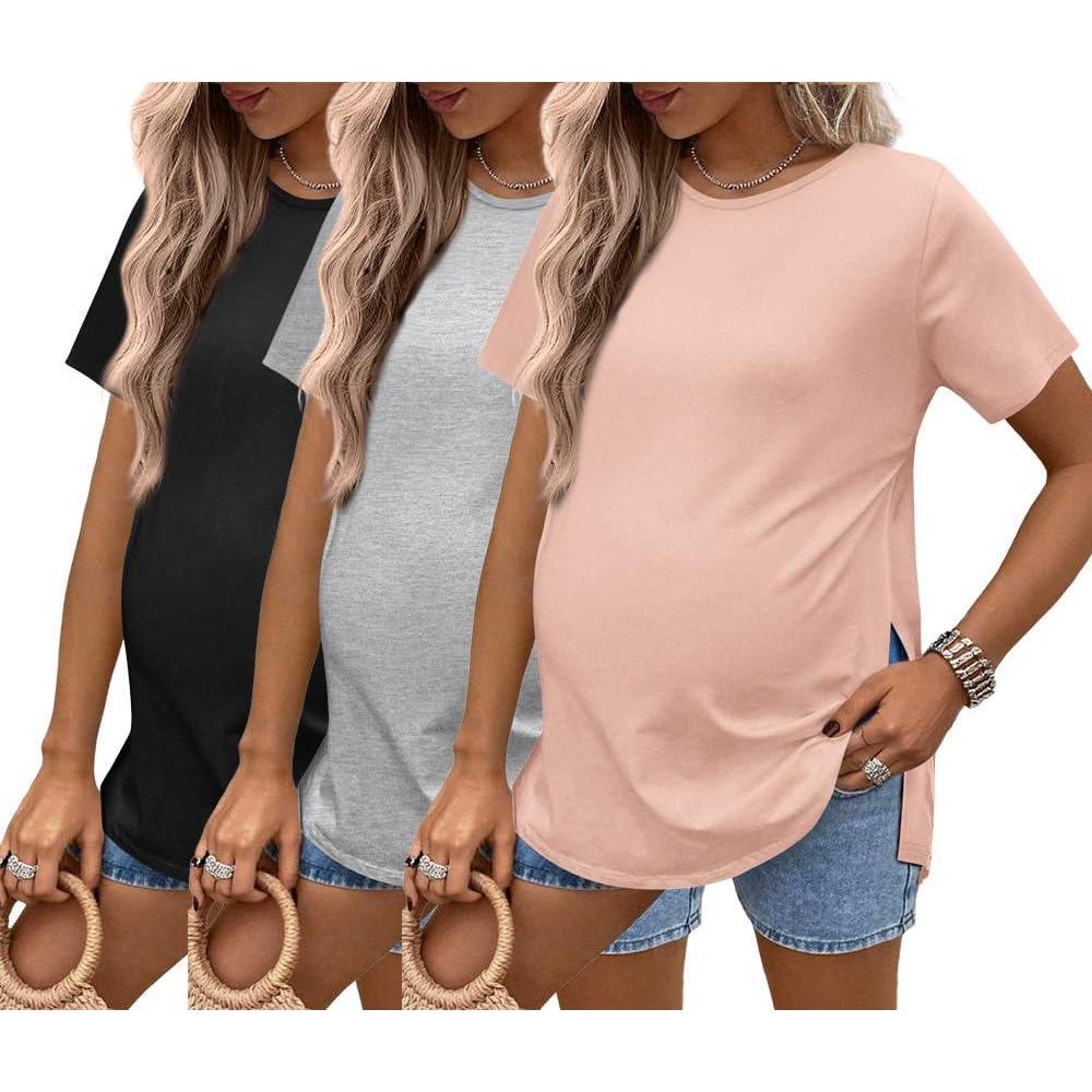 imageEkouaer 3 Pack Maternity Shirts Short Sleeve Split Side Pregnancy Tops Casual Pregnant Tunic BlousePinkGreyBlack