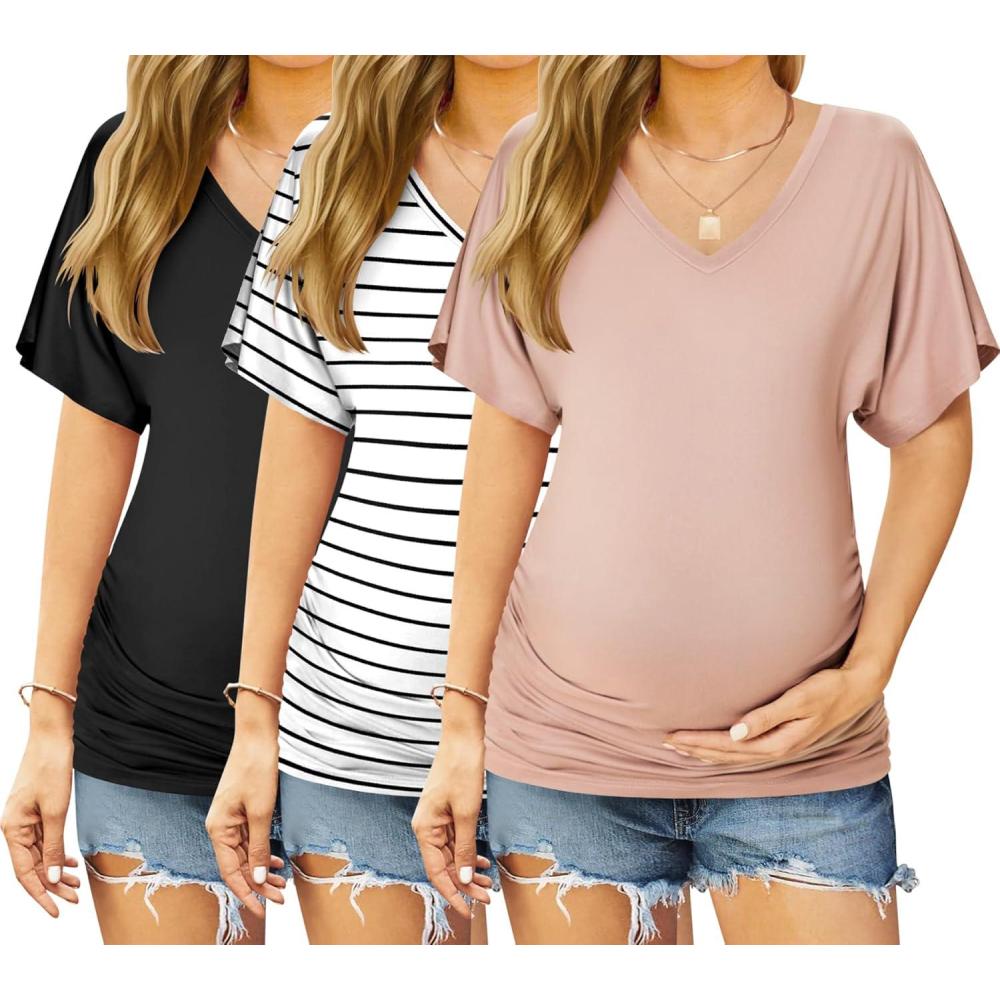 imageEkouaer 3 Pack Maternity Shirts V Neck Dolman Sleeve Side Ruched Pregnancy Tops Tunic BlouseBlackPinkStripe