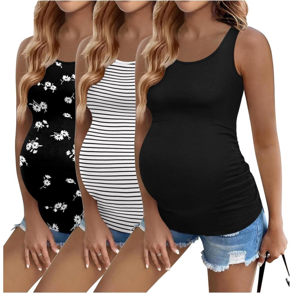 imageEkouaer 3 Pack Women Maternity Tank Tops Ruch Side Basic Shirts Summer Postpartum Tops Sleeveless Pregnancy Workout ClothesBlackBlack  White StripesBlack Floral