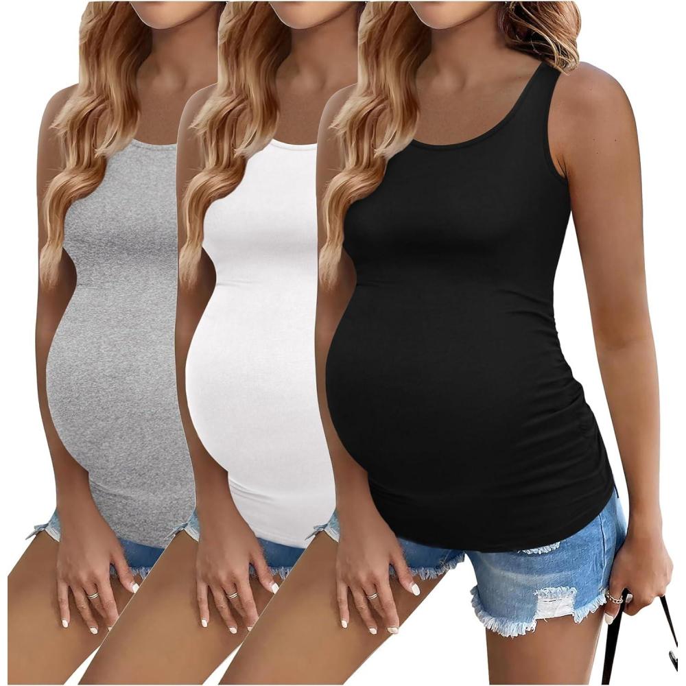 imageEkouaer 3 Pack Women Maternity Tank Tops Ruch Side Basic Shirts Summer Postpartum Tops Sleeveless Pregnancy Workout ClothesBlackLight GreyWhite