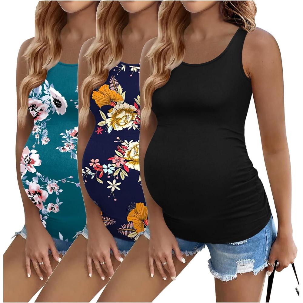 imageEkouaer 3 Pack Women Maternity Tank Tops Ruch Side Basic Shirts Summer Postpartum Tops Sleeveless Pregnancy Workout ClothesBlackNavy Blue FloralBlue Green Floral