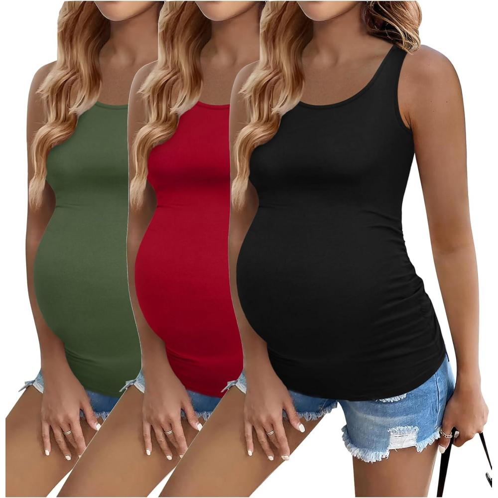 imageEkouaer 3 Pack Women Maternity Tank Tops Ruch Side Basic Shirts Summer Postpartum Tops Sleeveless Pregnancy Workout ClothesBlackRedArmy Green