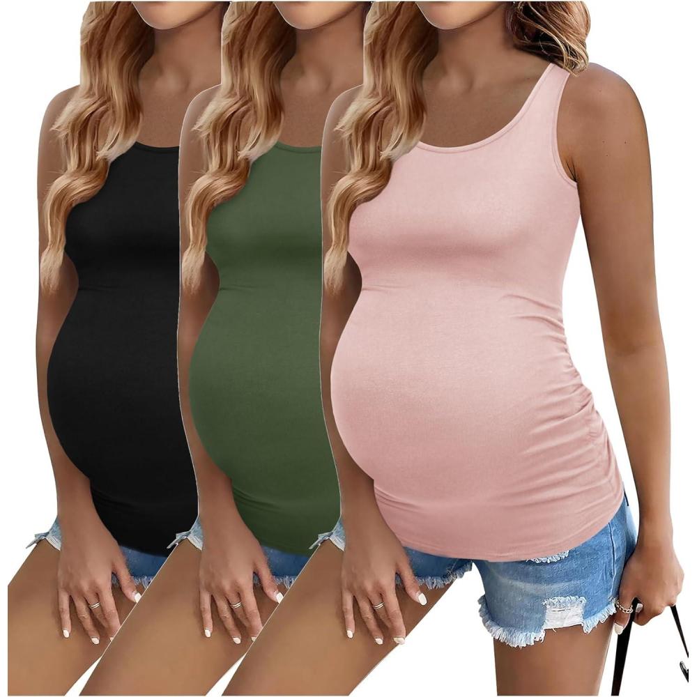 imageEkouaer 3 Pack Women Maternity Tank Tops Ruch Side Basic Shirts Summer Postpartum Tops Sleeveless Pregnancy Workout ClothesDirty PinkBlackArmy Green
