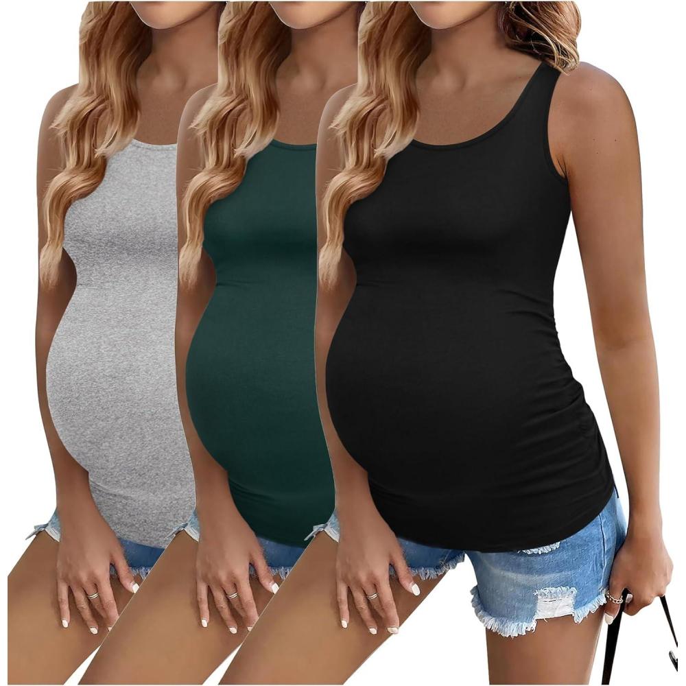 imageEkouaer 3 Pack Women Maternity Tank Tops Ruch Side Basic Shirts Summer Postpartum Tops Sleeveless Pregnancy Workout ClothesLight GreyBlackLake Green
