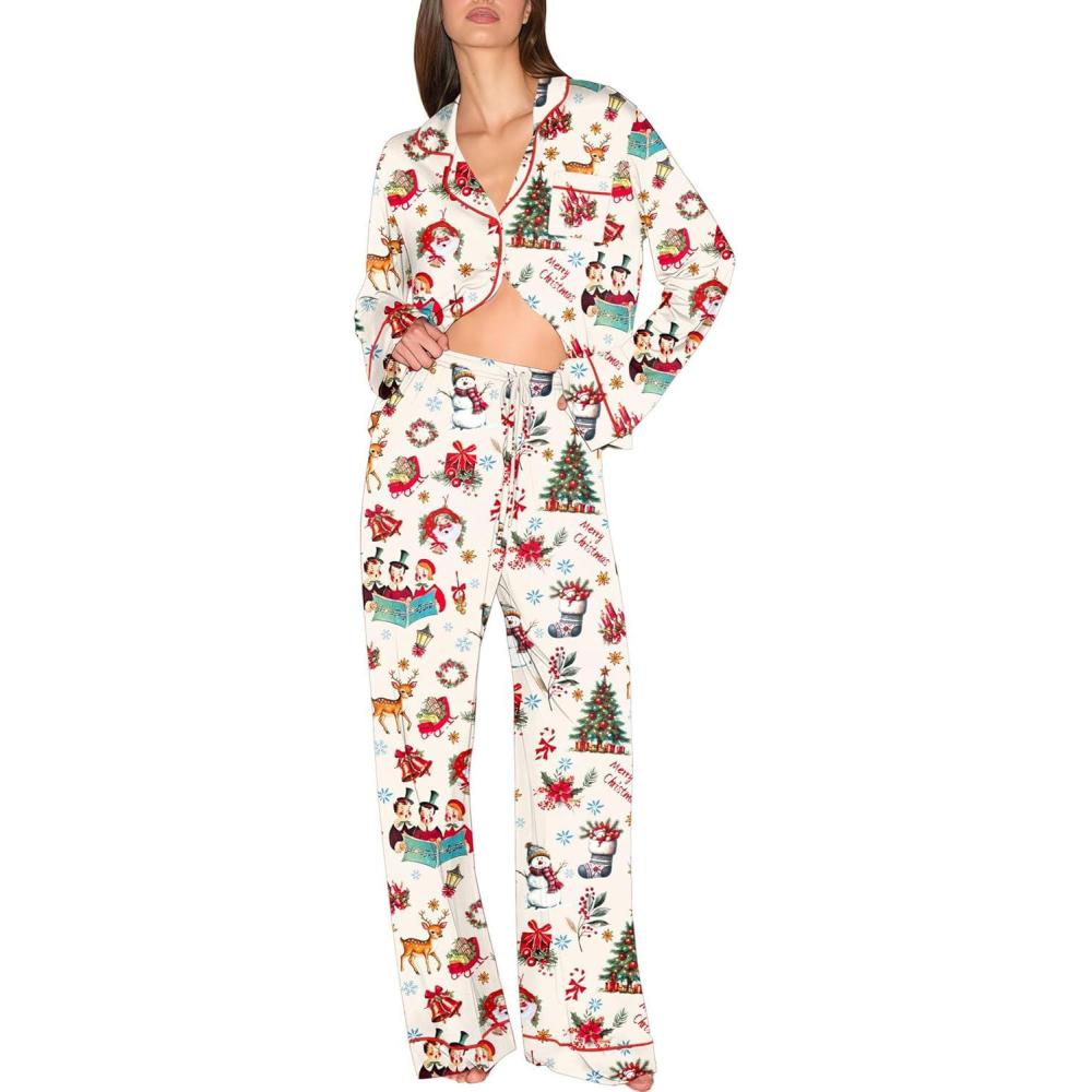 imageEkouaer Christmas Pajamas Womens Long Sleeve Button Down Sleepwear Holiday Matching Pjs Comfy Long Pants Lounge Set SXXLChristmas Champagne