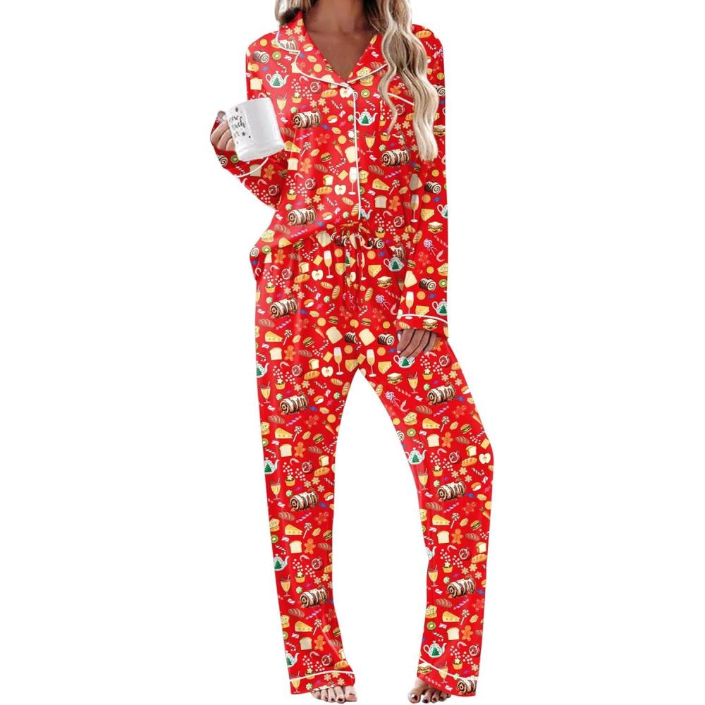 imageEkouaer Christmas Pajamas Womens Long Sleeve Button Down Sleepwear Holiday Matching Pjs Comfy Long Pants Lounge Set SXXLChristmas Red Food