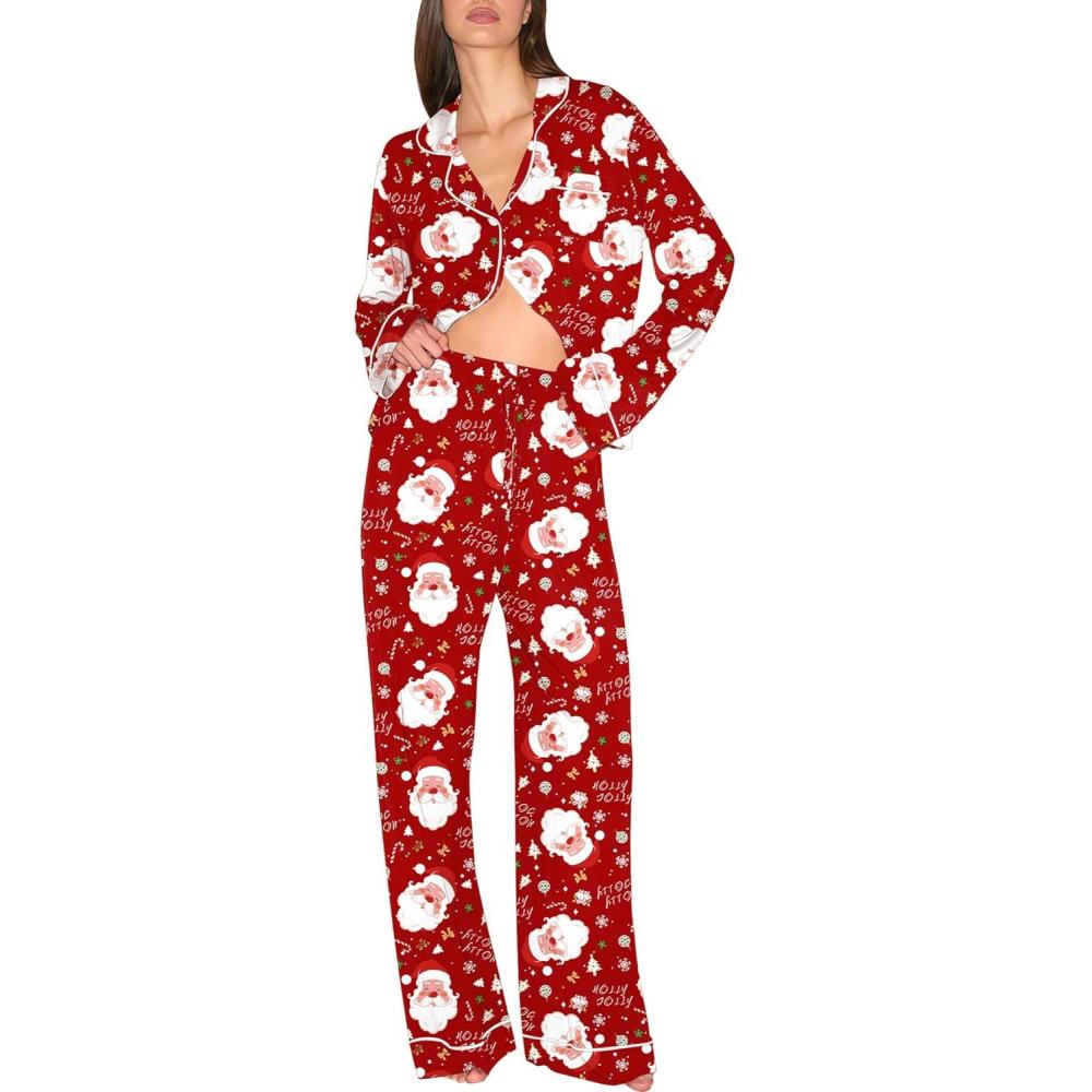 imageEkouaer Christmas Pajamas Womens Long Sleeve Button Down Sleepwear Holiday Matching Pjs Comfy Long Pants Lounge Set SXXLChristmas Red Santa
