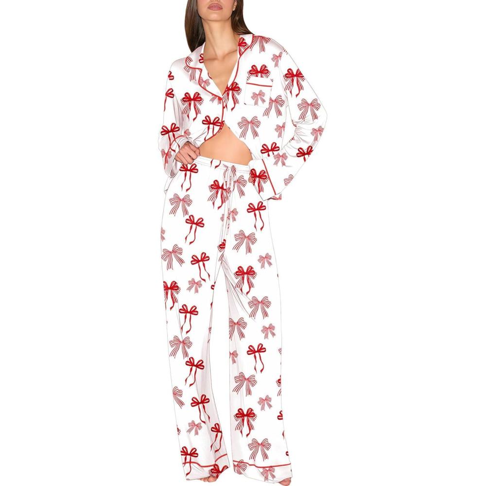 imageEkouaer Christmas Pajamas Womens Long Sleeve Button Down Sleepwear Holiday Matching Pjs Comfy Long Pants Lounge Set SXXLWhite Red Bow Knot