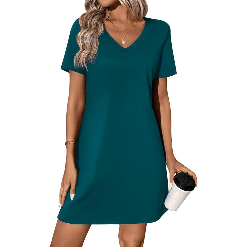 imageEkouaer Cotton Nightgowns for Women Short Sleeve Womens Nightgown V Neck Sleep Shirts for Women Soft Sleepwear SXXXLBlue Green