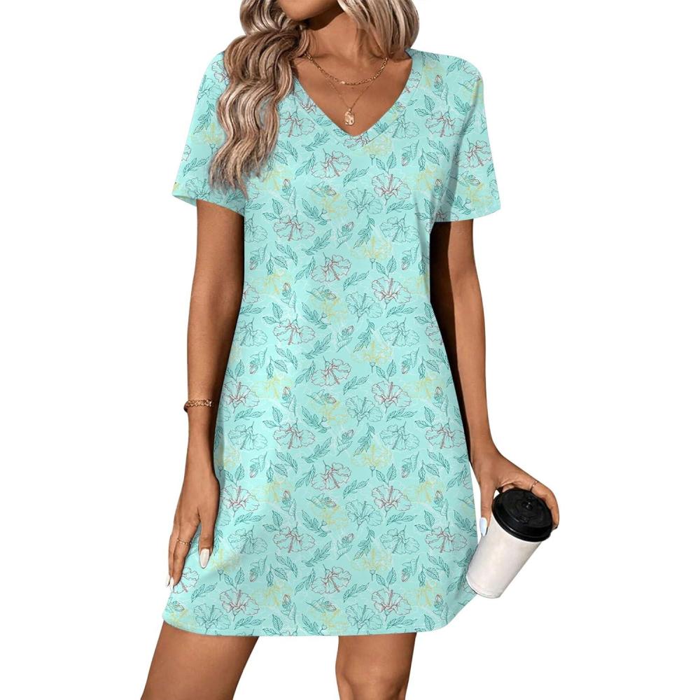 imageEkouaer Cotton Nightgowns for Women Short Sleeve Womens Nightgown V Neck Sleep Shirts for Women Soft Sleepwear SXXXLBlue Leaf