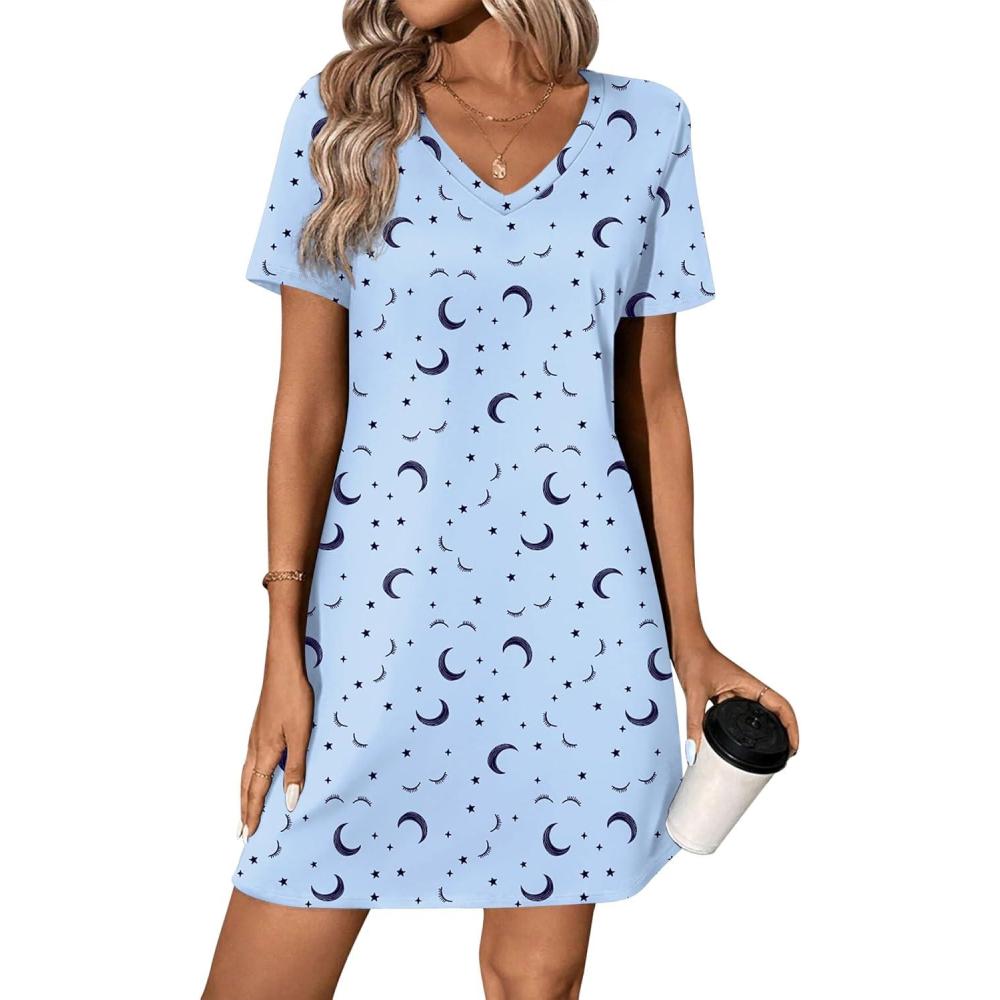 imageEkouaer Cotton Nightgowns for Women Short Sleeve Womens Nightgown V Neck Sleep Shirts for Women Soft Sleepwear SXXXLBlue Moon