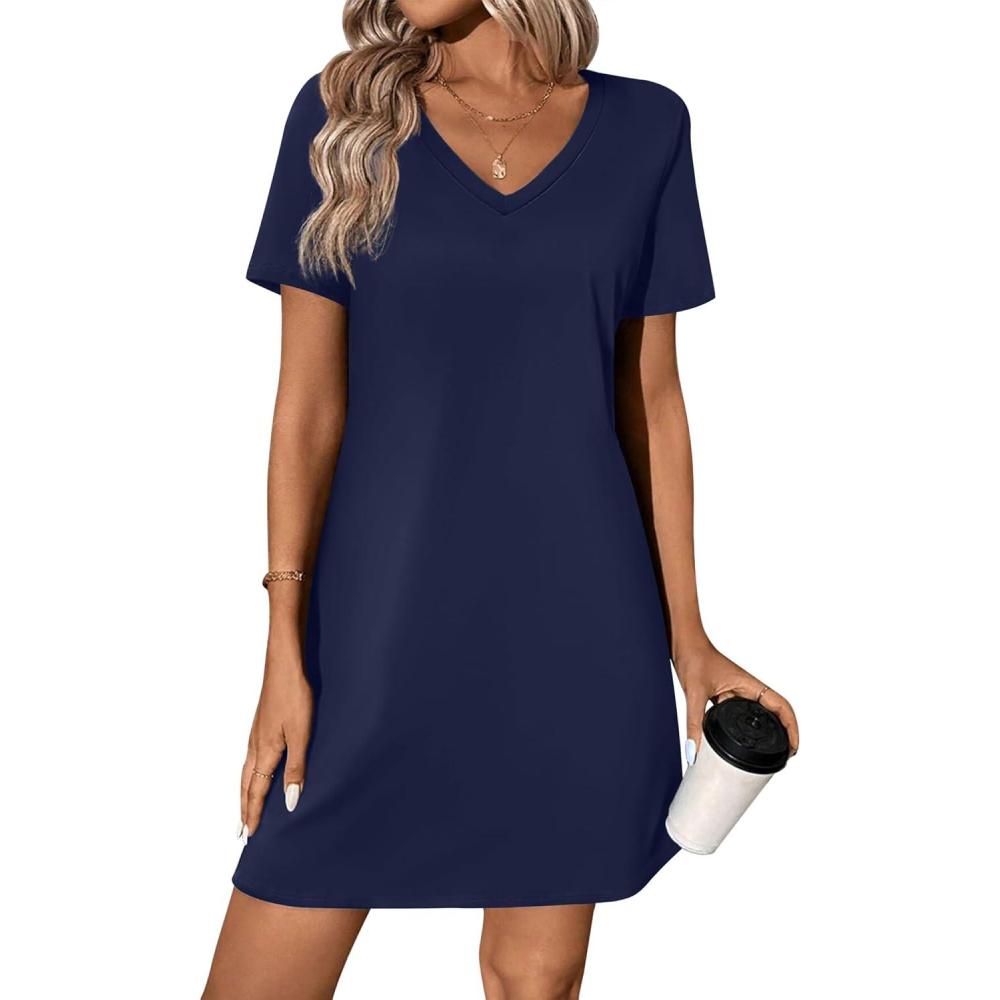 imageEkouaer Cotton Nightgowns for Women Short Sleeve Womens Nightgown V Neck Sleep Shirts for Women Soft Sleepwear SXXXLNavy Blue