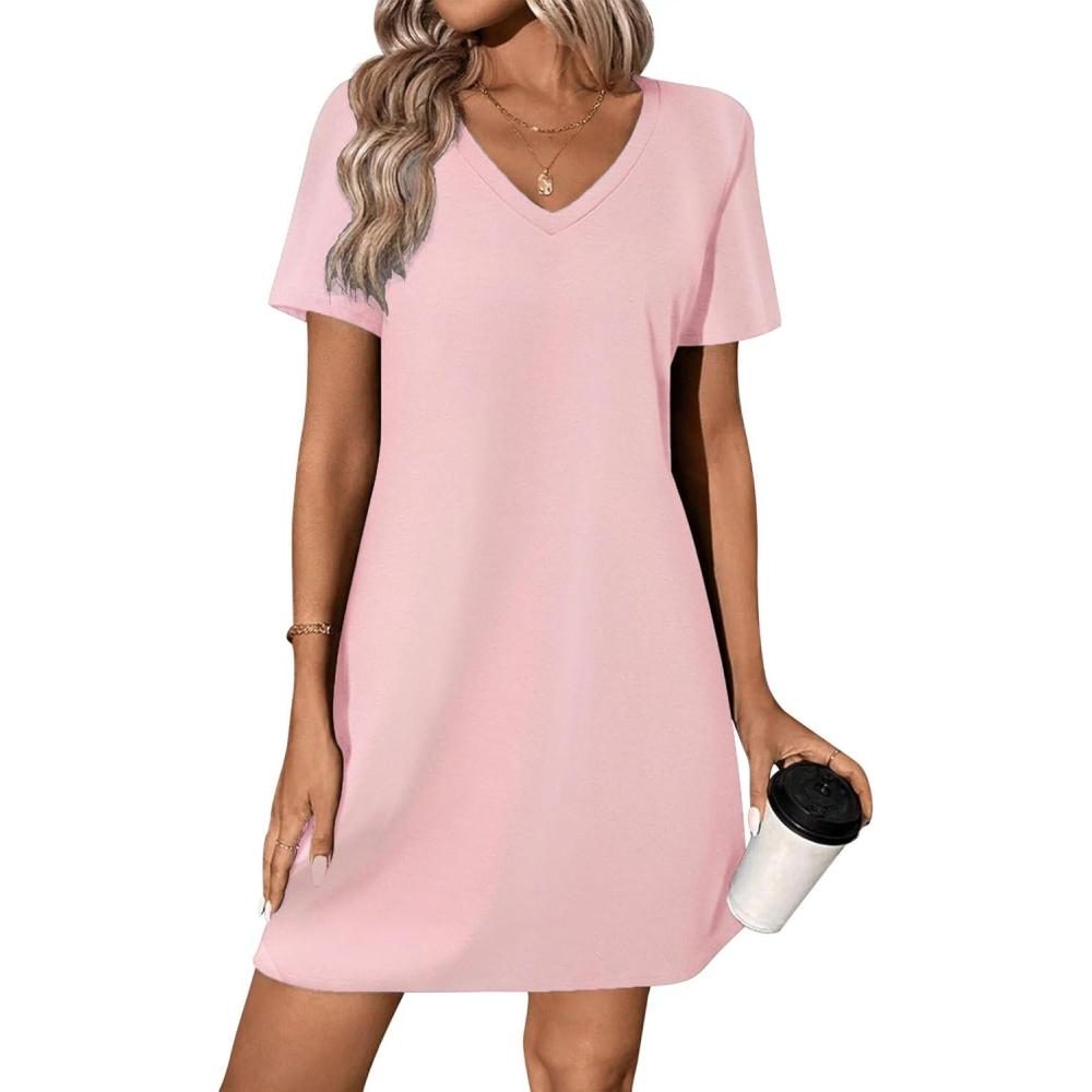 imageEkouaer Cotton Nightgowns for Women Short Sleeve Womens Nightgown V Neck Sleep Shirts for Women Soft Sleepwear SXXXLPink