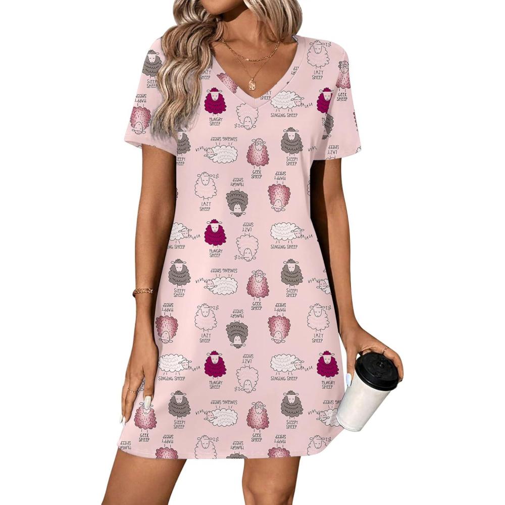 imageEkouaer Cotton Nightgowns for Women Short Sleeve Womens Nightgown V Neck Sleep Shirts for Women Soft Sleepwear SXXXLPink Sheep