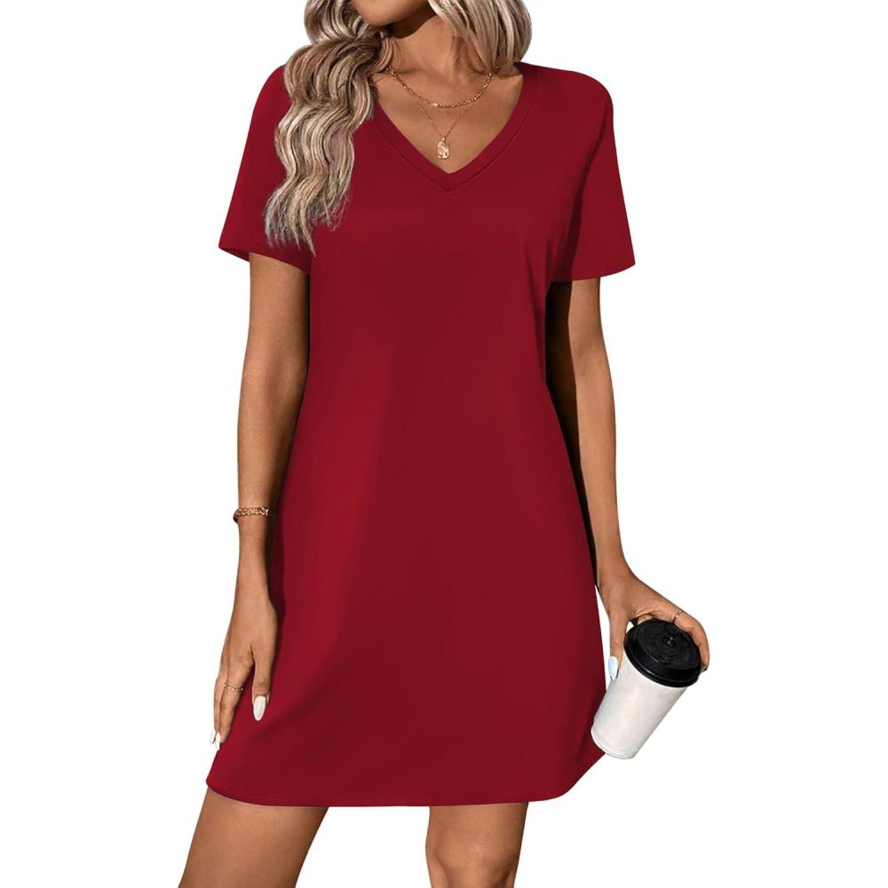 imageEkouaer Cotton Nightgowns for Women Short Sleeve Womens Nightgown V Neck Sleep Shirts for Women Soft Sleepwear SXXXLWine Red