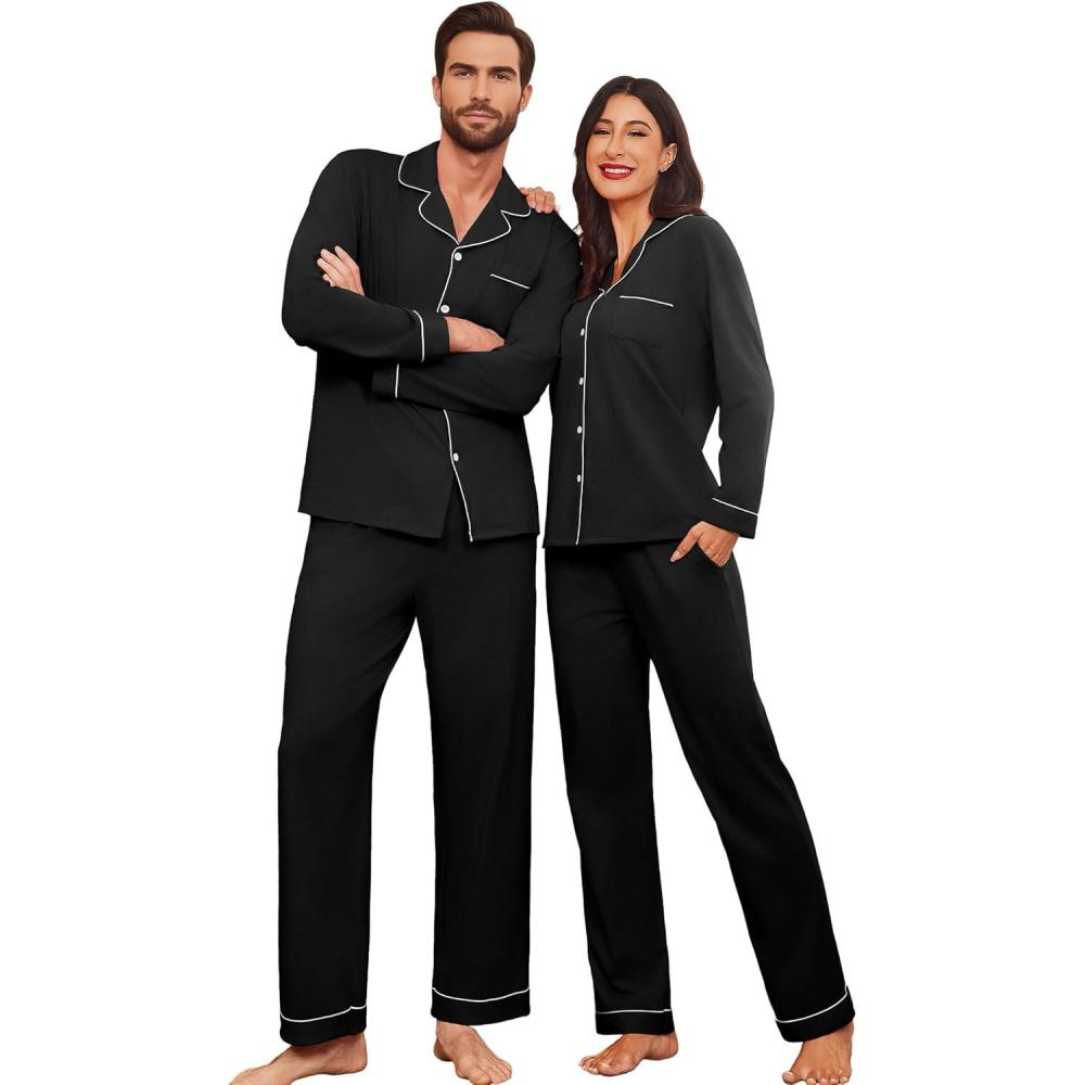 imageEkouaer Couple Matching Pajamas 100 Cotton Long Sleeve Sleepwear Button Down Loungewear Pjs Set SXXLBlack