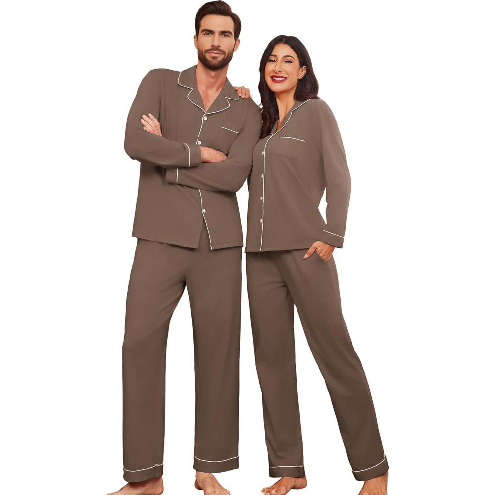 imageEkouaer Couple Matching Pajamas 100 Cotton Long Sleeve Sleepwear Button Down Loungewear Pjs Set SXXLBrownb