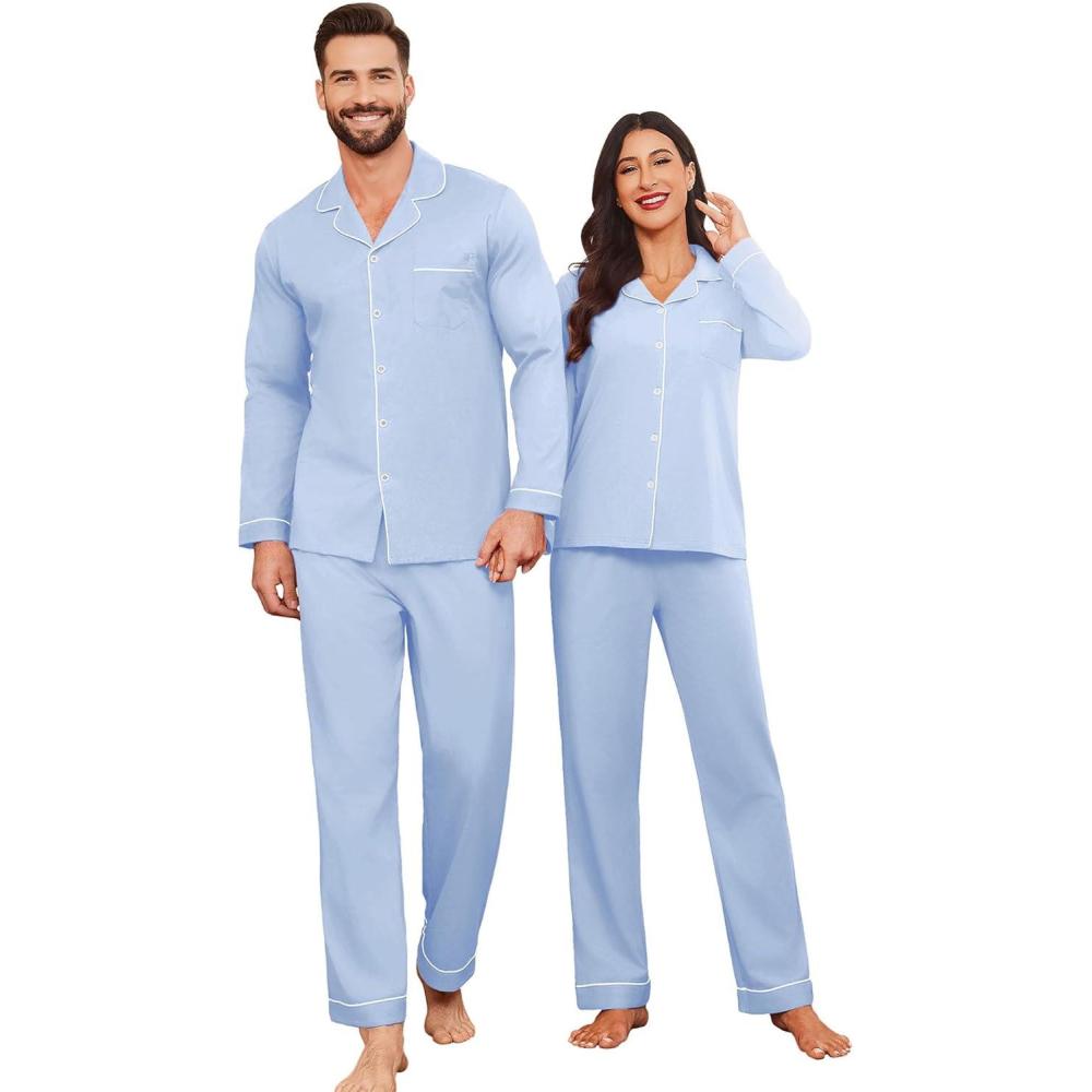 imageEkouaer Couple Matching Pajamas 100 Cotton Long Sleeve Sleepwear Button Down Loungewear Pjs Set SXXLLight Blue