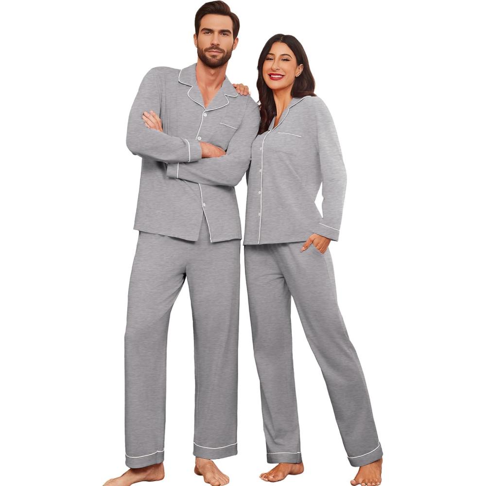 imageEkouaer Couple Matching Pajamas 100 Cotton Long Sleeve Sleepwear Button Down Loungewear Pjs Set SXXLLight Grey