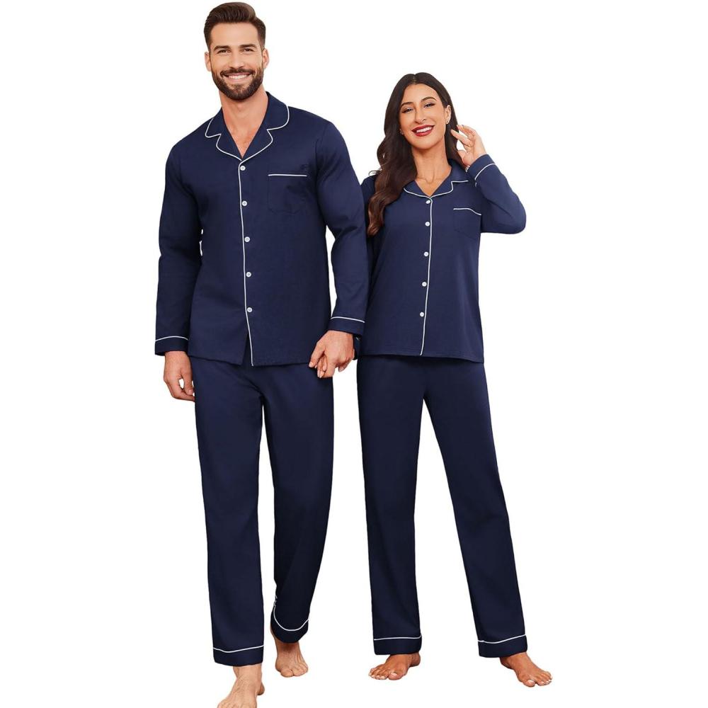 imageEkouaer Couple Matching Pajamas 100 Cotton Long Sleeve Sleepwear Button Down Loungewear Pjs Set SXXLNavy