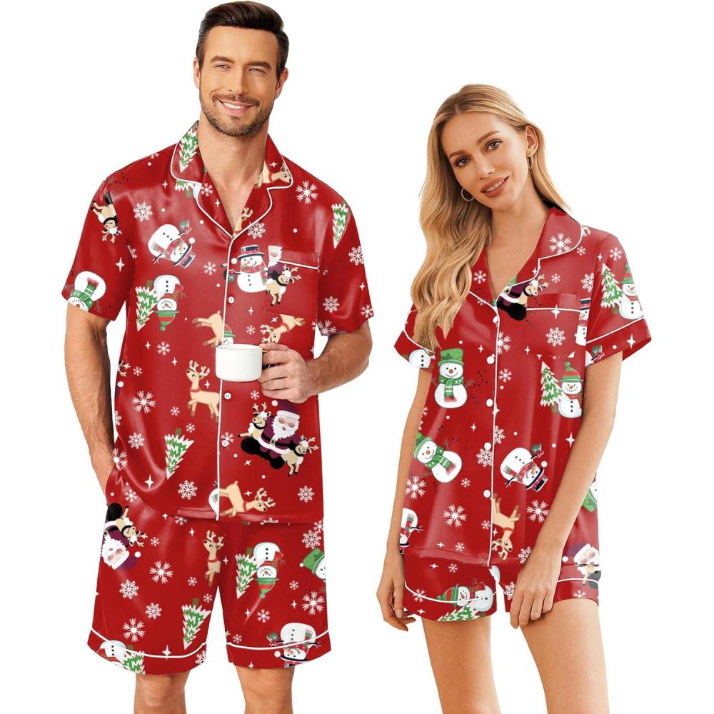 imageEkouaer Couple Matching Pajamas Sets Silk Short Sleeve Button Down Sleepwear Satin Pjs Shorts Set Soft Lounge Set SXXLXmas Red