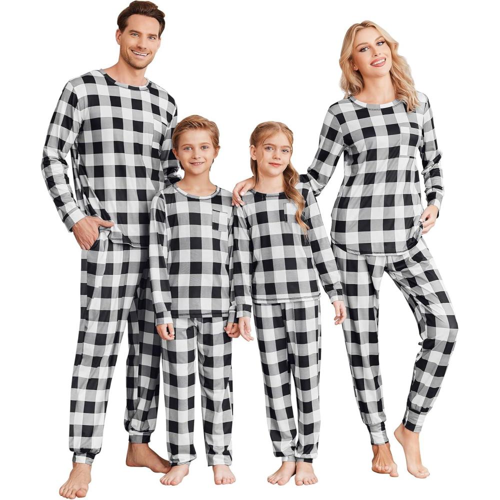 imageEkouaer Family Christmas Pajamas Matching Sets Long Sleeve Holiday Pjs Sleepwear 2 Piece Lounge Sets SXXLBlack and White Plaid
