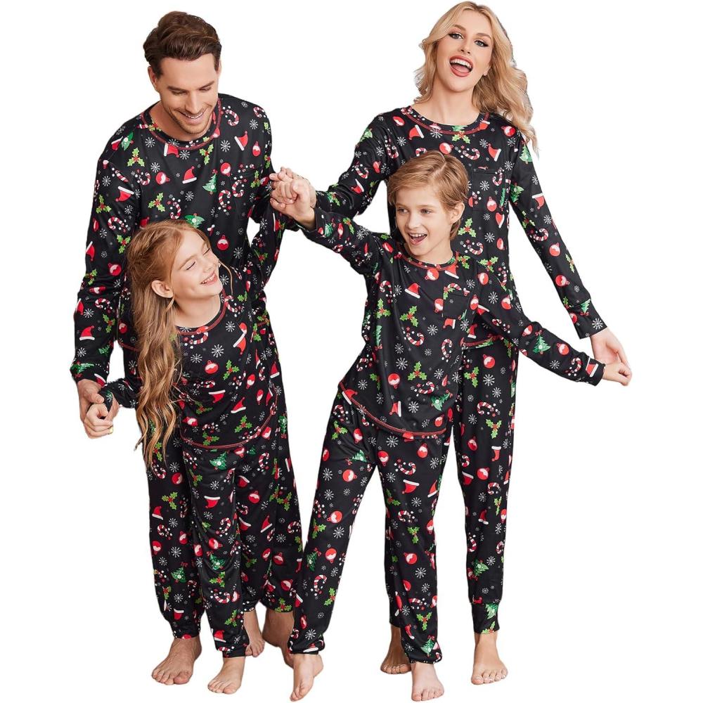 imageEkouaer Family Christmas Pajamas Matching Sets Long Sleeve Holiday Pjs Sleepwear 2 Piece Lounge Sets SXXLChristmas Hat on Black