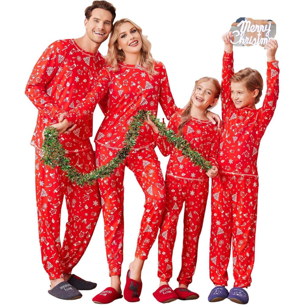 imageEkouaer Family Christmas Pajamas Matching Sets Long Sleeve Holiday Pjs Sleepwear 2 Piece Lounge Sets SXXLChristmas Tree on Red