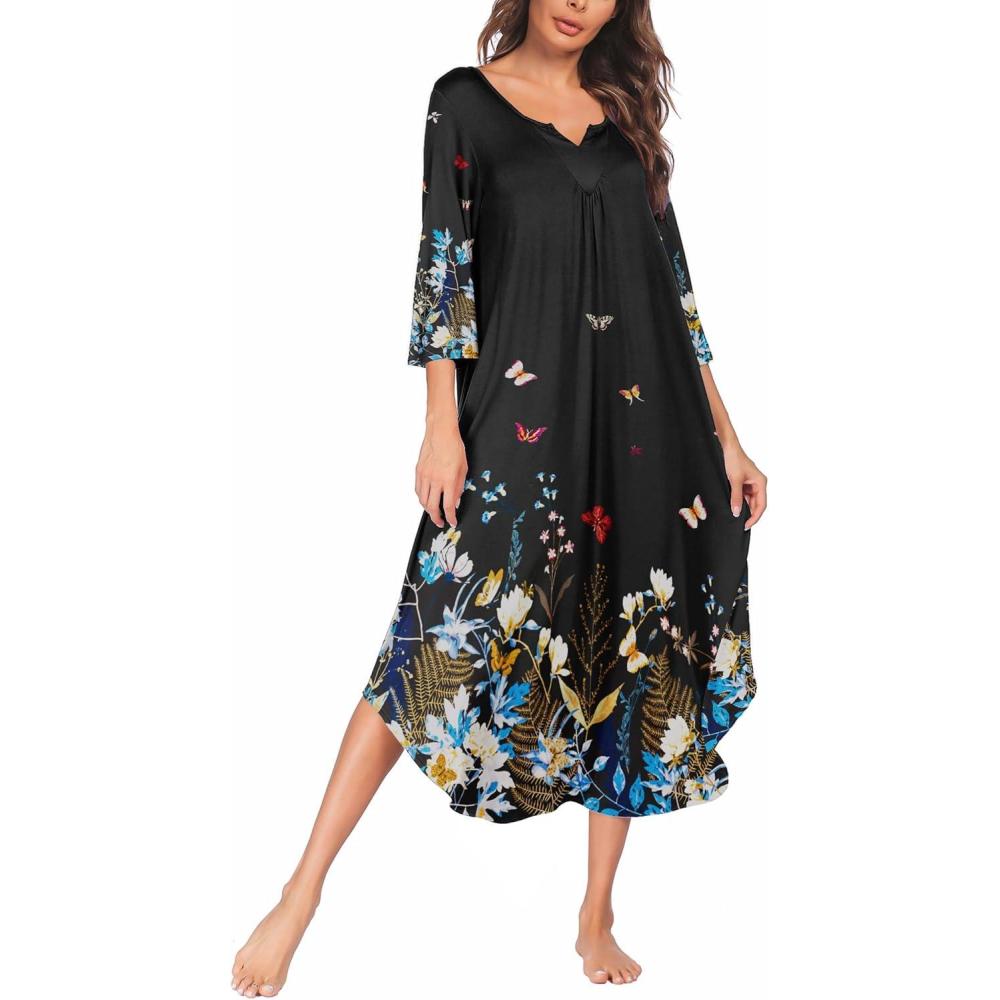 imageEkouaer Long Nightgown for Women 34 Sleeves Nightshirt Maxi Sleep Dress Plus Size Loungewear Full Length SleepwearBlack Floral