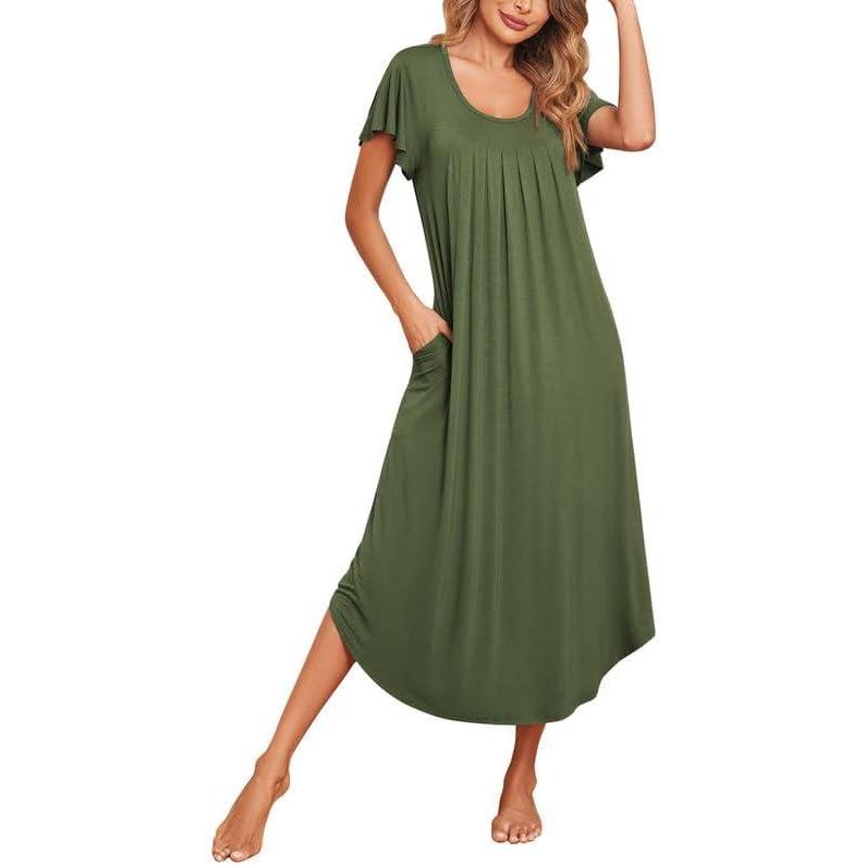 imageEkouaer Long Nightgowns for Women with Pockets Short Sleeves Moo Moos for Women Casual Maxi Dress House Dresses SXXXLArmy Green