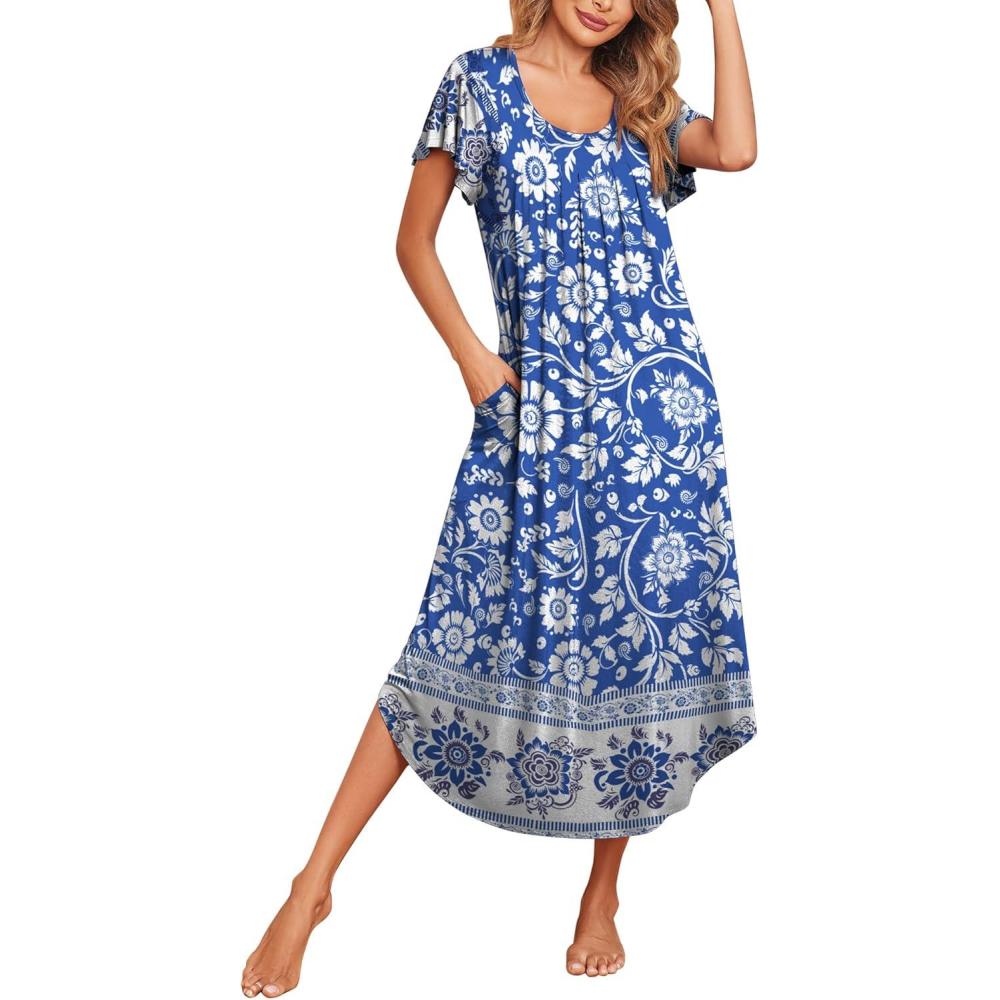 imageEkouaer Long Nightgowns for Women with Pockets Short Sleeves Moo Moos for Women Casual Maxi Dress House Dresses SXXXLBohemian Blue