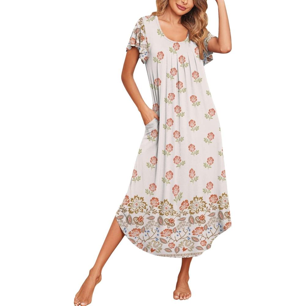 imageEkouaer Long Nightgowns for Women with Pockets Short Sleeves Moo Moos for Women Casual Maxi Dress House Dresses SXXXLBohemian Flowers