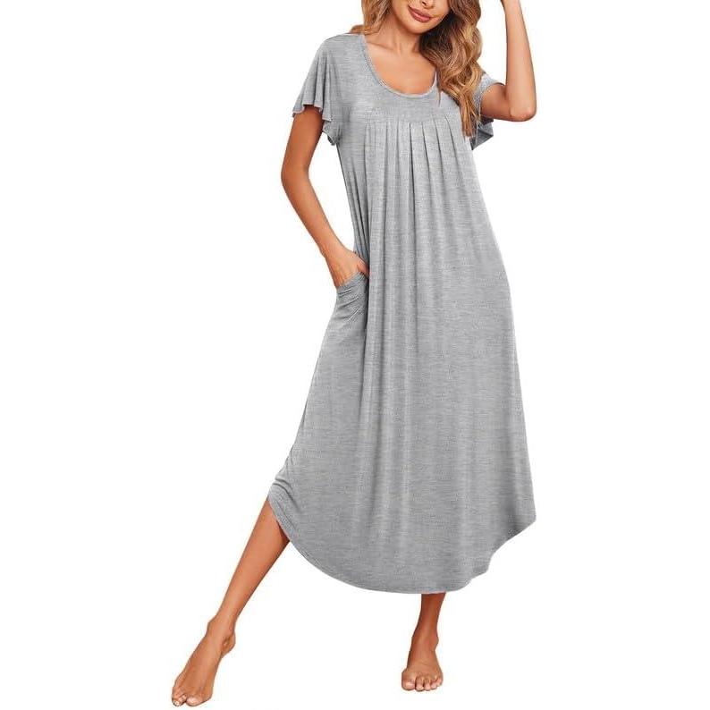 imageEkouaer Long Nightgowns for Women with Pockets Short Sleeves Moo Moos for Women Casual Maxi Dress House Dresses SXXXLLight Grey