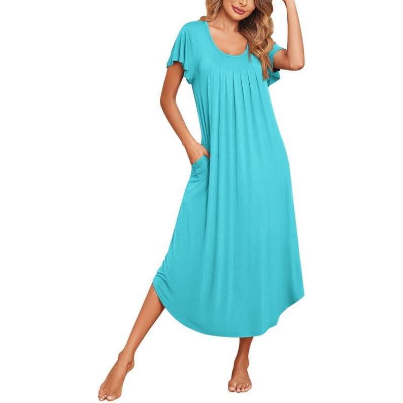 imageEkouaer Long Nightgowns for Women with Pockets Short Sleeves Moo Moos for Women Casual Maxi Dress House Dresses SXXXLPeacock Blue