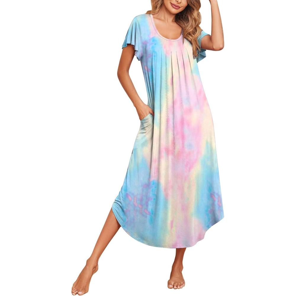 imageEkouaer Long Nightgowns for Women with Pockets Short Sleeves Moo Moos for Women Casual Maxi Dress House Dresses SXXXLPink Tiedye