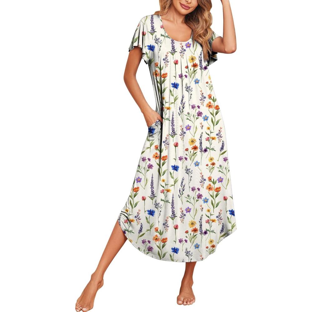 imageEkouaer Long Nightgowns for Women with Pockets Short Sleeves Moo Moos for Women Casual Maxi Dress House Dresses SXXXLWhite Flowers