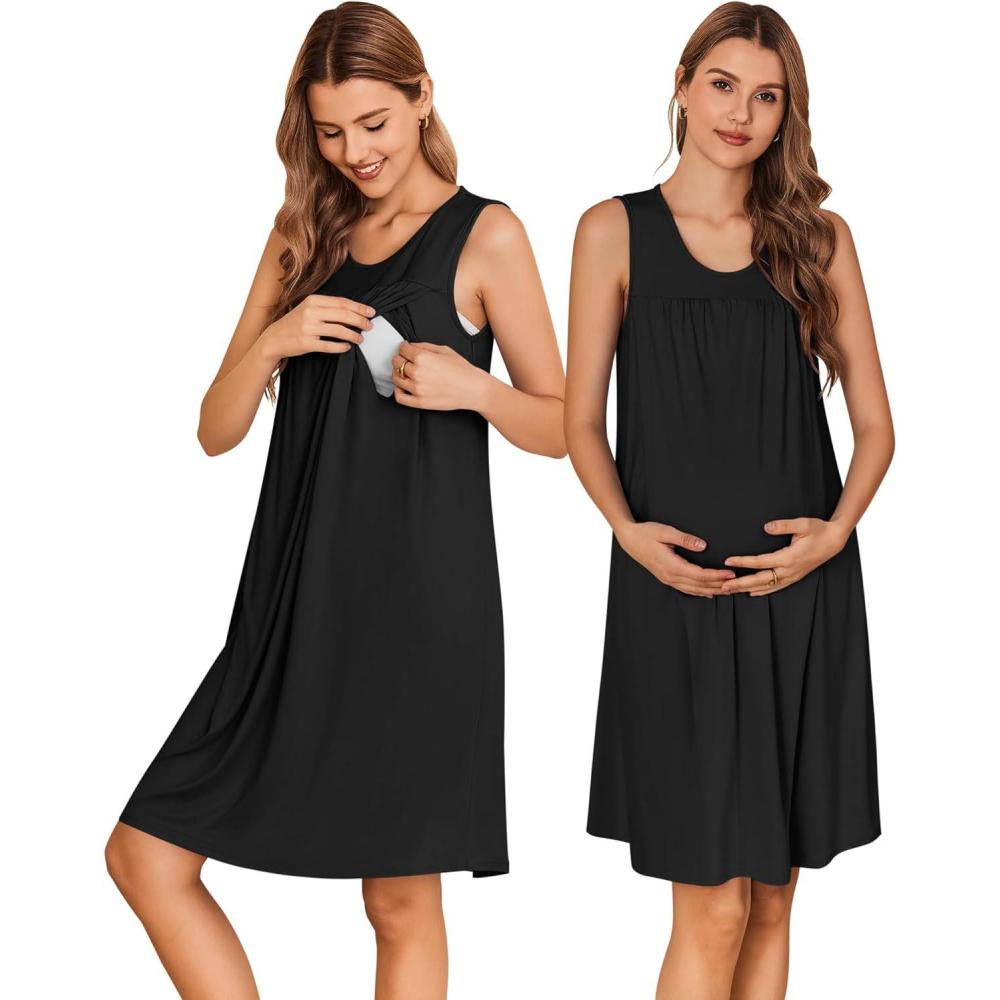 imageEkouaer Maternity Nursing Dress Nightgown Labor and Delivery Gown Sleeveless Pregnancy Breastfeeding DressesBlack